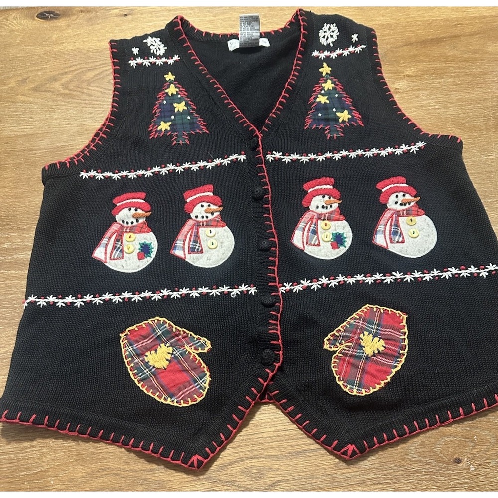 Vintage 90s Victoria Jones Black Sweater Vest Christmas Embroidered Beaded XL